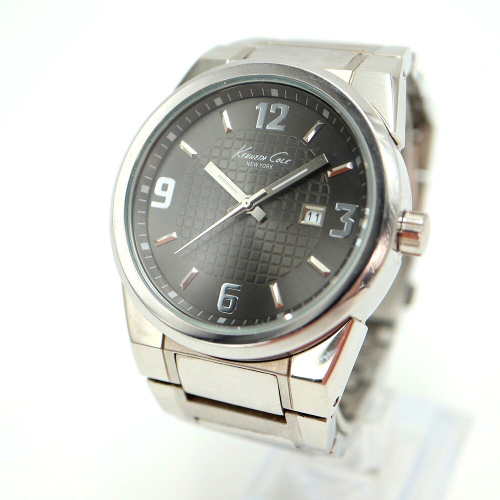 Kenneth Cole NY Mens Watch 43mm Gray Date Dial Stainless Steel w New Battery